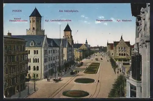 AK Posen / Poznan, Kaiserl. Oberpostdirektion, Tiergartenstrasse, Kgl. Akademie