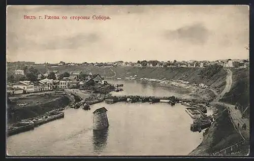 AK Rschew, Blick auf die Stadt und Fluss mit zerfallener Brücke