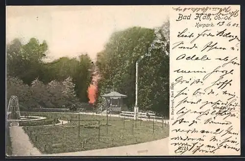 AK Bad Hall /Ob.-Oe., Kurpark mit Fontäne und Pavillon