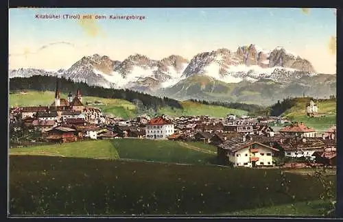 AK Kitzbühel /Tirol, Ortsansicht mit Kaisergebirge aus der Vogelschau