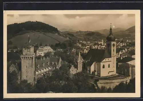 AK Waidhofen a. Ybbs, Teilansicht mit Bergpanorama aus der Vogelschau