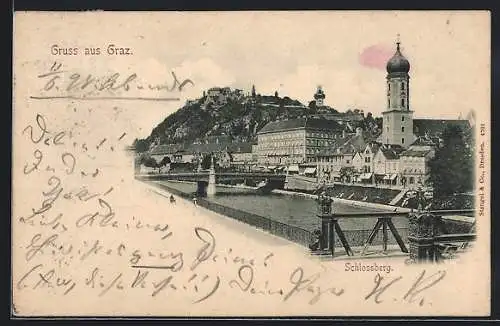 AK Graz, Ortspartie mit Schlossberg und Brücke