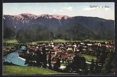 AK Spittal a. d. Drau, Ortsansicht mit Brücke aus der Vogelschau