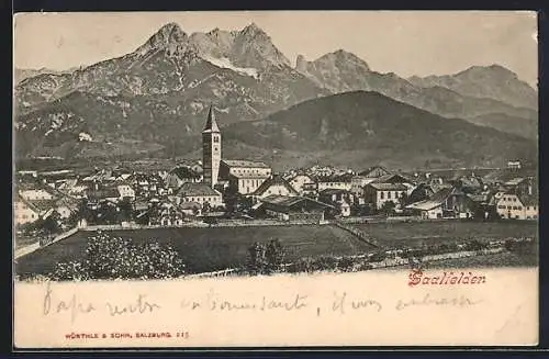 AK Saalfelden, Totalansicht mit Gebirgspanorama