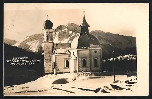 AK Seefeld i. Tirol, Seekirchl mit Hocheder bei Sonnenschein