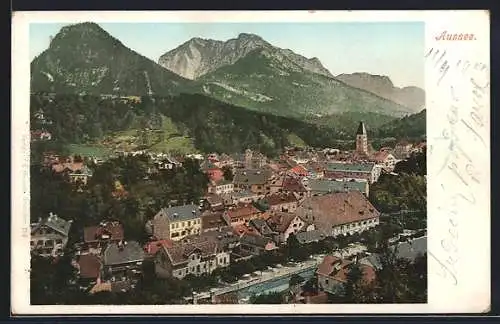 AK Aussee, Ortsansicht mit Kirche und Bergpanorama