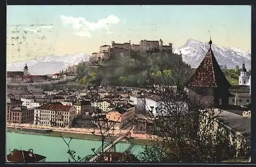 AK Salzburg, Teilansicht mit Festung aus der Vogelschau