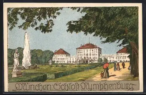 Steindruck-AK München, Brunnenfontäne vor dem Schloss Nymphenburg