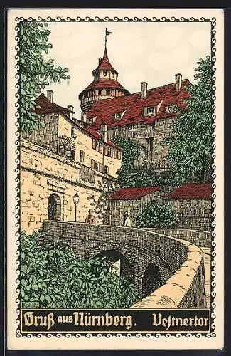 Steindruck-AK Nürnberg, Vestnertor mit Burg