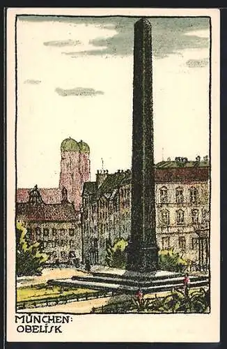 Steindruck-AK München, Obelisk mit Blick auf Frauentürme