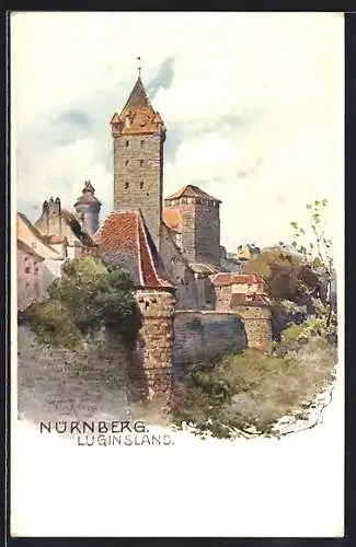 Künstler-AK Nürnberg, Luginsland, Blick auf den Wehrturm