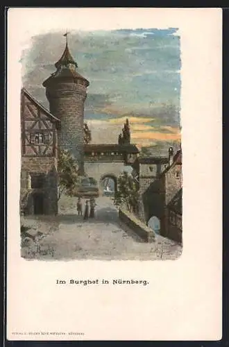 Lithographie Nürnberg, Partie im Burghof