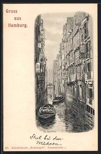 Lithographie Alt-Hamburg, Blick in ein enges Fleet