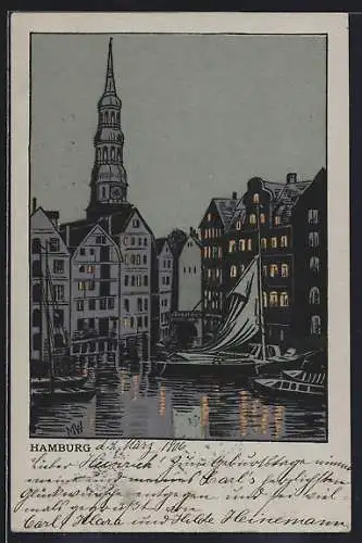 Mondschein-Lithographie Alt-Hamburg, Ein Fleet bei Nacht