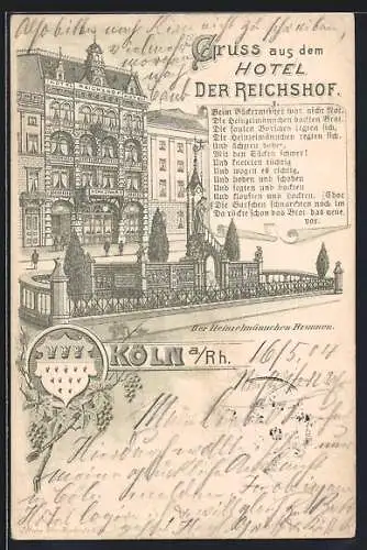 Lithographie Köln a. Rh., Das Hotel Der Reichshof, Heinzelmännchenbrunnen