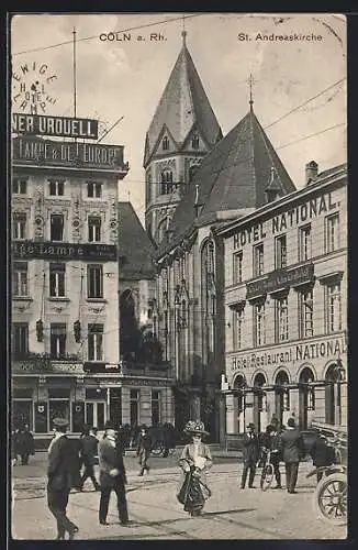 AK Köln a. Rh., Hotel-Restaurant National und die St. Andreaskirche