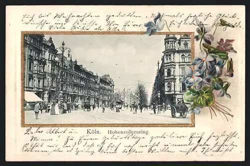 Lithographie Köln-Neustadt, Der Hohenzollernring, im floralen Passepartout