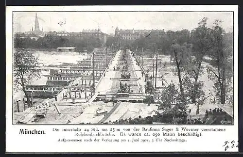 AK München, Von der Baufirma Sager & Woerner verschobene Reichenbachbrücke, 4.6.1902