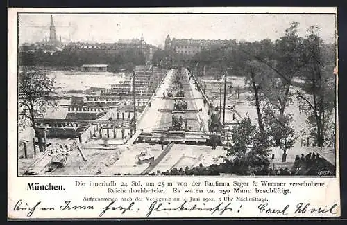 AK München, Von der Baufirma Sager & Woerner verschobene Reichenbachbrücke, 4.6.1902