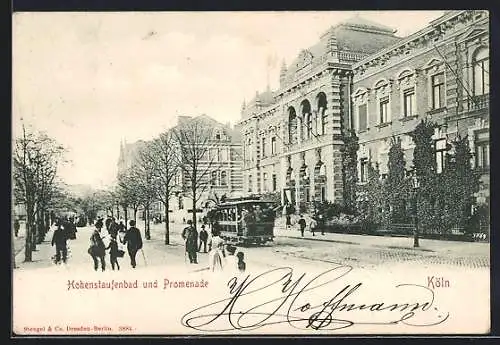 AK Köln-Neustadt, Hohenstaufenbad und Promenade mit Strassenbahn