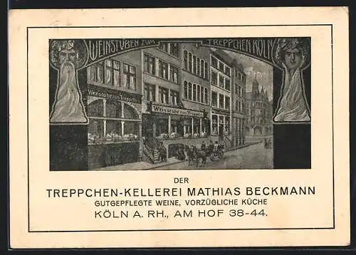 Künstler-AK Köln a. Rh., Das Gasthaus Weinstube zum Treppchen v. Mathias Beckmann, Am Hof 38-44