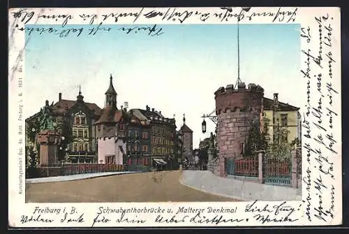 Goldfenster-AK Freiburg i. B., Schwabenthorbrücke und Malterer-Denkmal