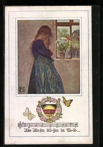 Künstler-AK Karl Friedrich Gsur, Deutscher Schulverein Nr. 1065: die Rosen blühen im Tale... Frau weint am Fenster