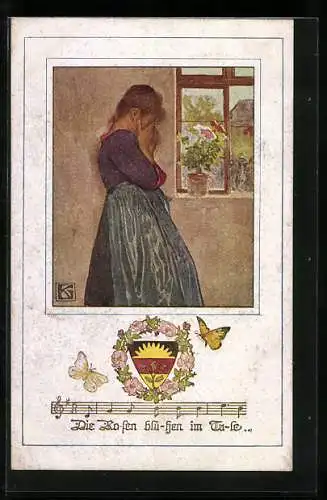 Künstler-AK Karl Friedrich Gsur, Deutscher Schulverein Nr. 1065: die Rosen blühen im Tale... Frau weint am Fenster