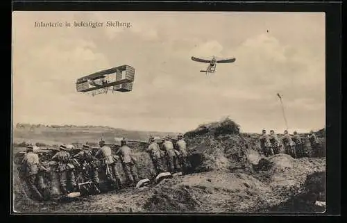 AK Infanterie in befestigter Stellung mit Flugzeuge