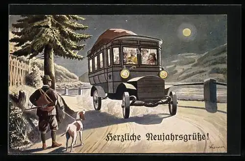 AK Jäger mit Hund und Postwagen, K. K. Automobilpost 1908