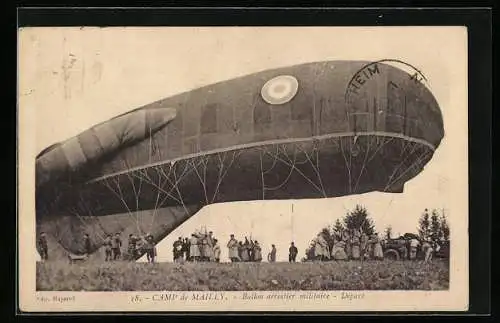 AK Camp de Mailly, Ballon aerostier militaire, Depart