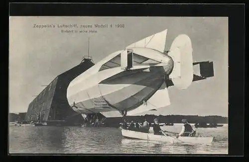 AK Zeppelin`s Luftschiff, neues Modell 4, 1908, Einfahrt in die Halle