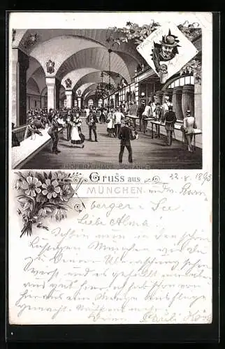 Vorläufer-Lithographie München, 1895, Hofbräuhaus Schänke, Innenansicht des Restaurants