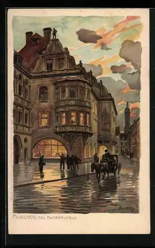 Künstler-Lithographie Paul Hey: München, Kgl. Hofbräuhaus in der Abenddämmerung