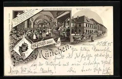 Vorläufer-Lithographie München, 1895, Kgl. Hofbräuhaus, Aussen- u. Innenansicht, Pferdekutsche