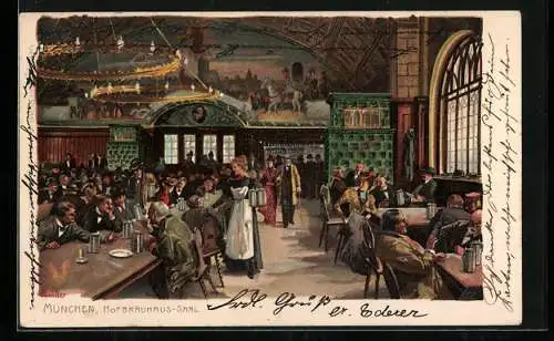 Künstler-Lithographie P. Hey: München, Gasthof Hofbräuhaus, Blick in den gut besuchten Saal