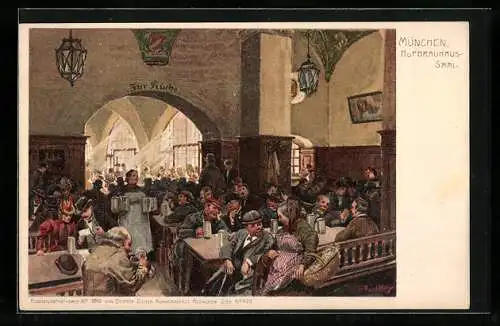 Künstler-Lithographie Paul Hey: München, Saal im Gasthof Hofbräuhaus