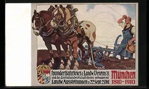 Künstler-AK München, Landwirtschaftliche Ausstellung 1910, Bauer beim Pflügen, Ganzsache Bayern 5 Pfennig