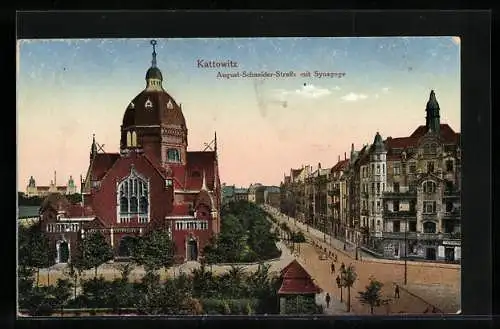 AK Kattowitz, August-Schneider-Strasse mit Synagoge