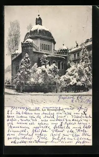 AK Geneve, La Synagogue, Synagoge im Winter