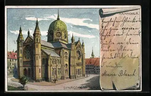 Lithographie Hannover, Synagoge am Berge