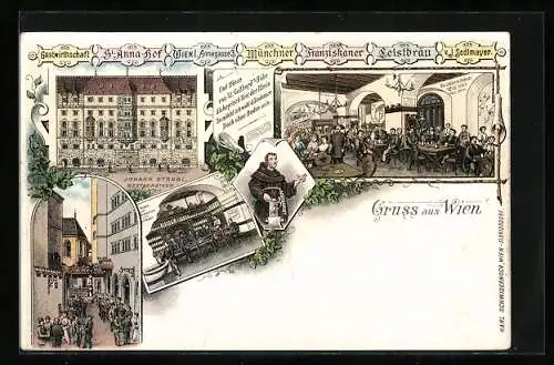 Lithographie Wien, Das Gasthaus St. Anna-Hof v. J. Sedlmayer, Annagasse 3, mit Innenansicht und Hofwirtschaft