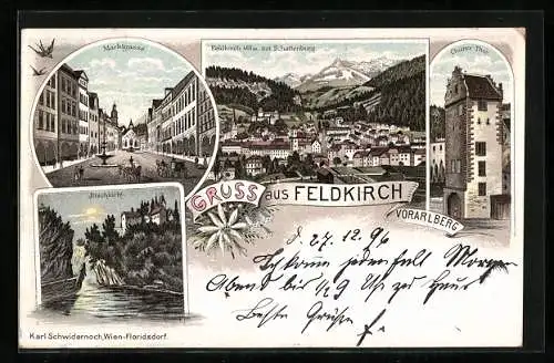 Lithographie Feldkirch, Marktgasse, Churer-Thor, Illschlucht, Ortsansicht