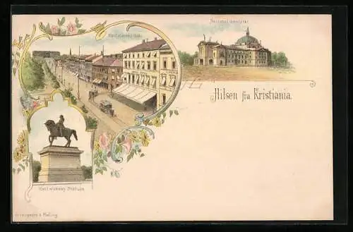 Lithographie Kristiania, Nationaltheaterer, Karl Johans Gade, Karl Johans Statuen