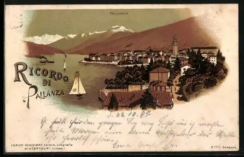 Lithographie Pallanza, Panorama mit Ort, See und Gebirge