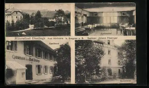 AK Hörbranz, Bad Diezlings, Gasthaus zum Bad v. Johann Füssinger, Speisesaal, Badehaus