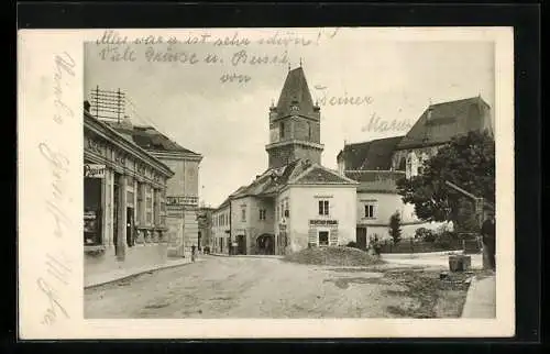 AK Perchtoldsdorf, Hochstrasse mit Kirchturm