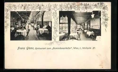 AK Wien, Restaurant zum Dominikanerkeller v. Franz Glanz, Wollzeile 37, mit Innenansichten