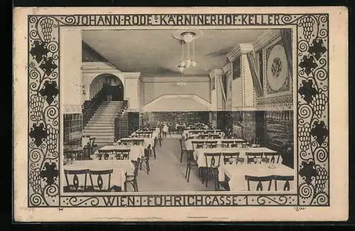 AK Wien, Johann Rode`s Gasthaus Kärntnerhof-Keller, Führichgasse 1, Innenansicht, Wein-Passepartout