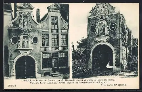 AK Ypres, Brasserie Donck, rue de Dixmude, avant et après le bombardement